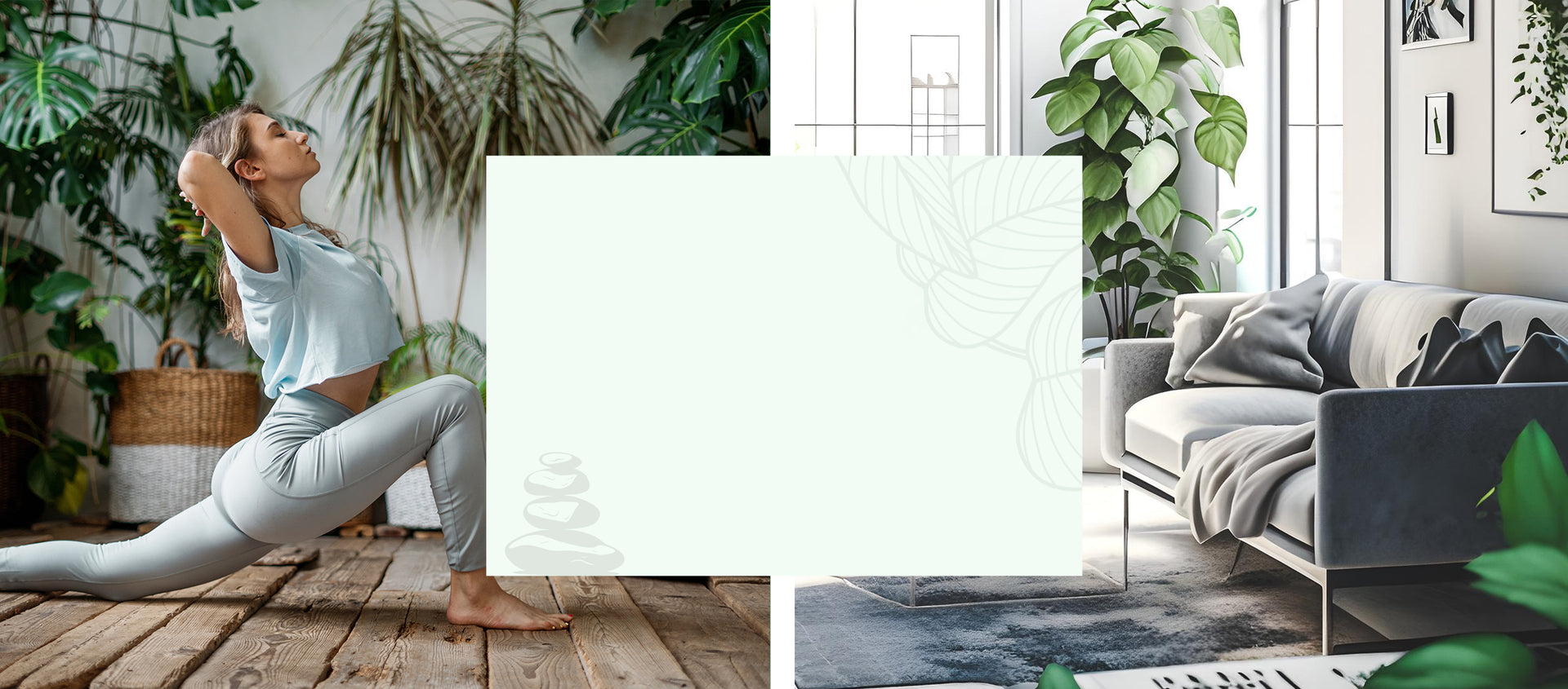  Woman practicing yoga in a living room filled with plants and modern furniture.